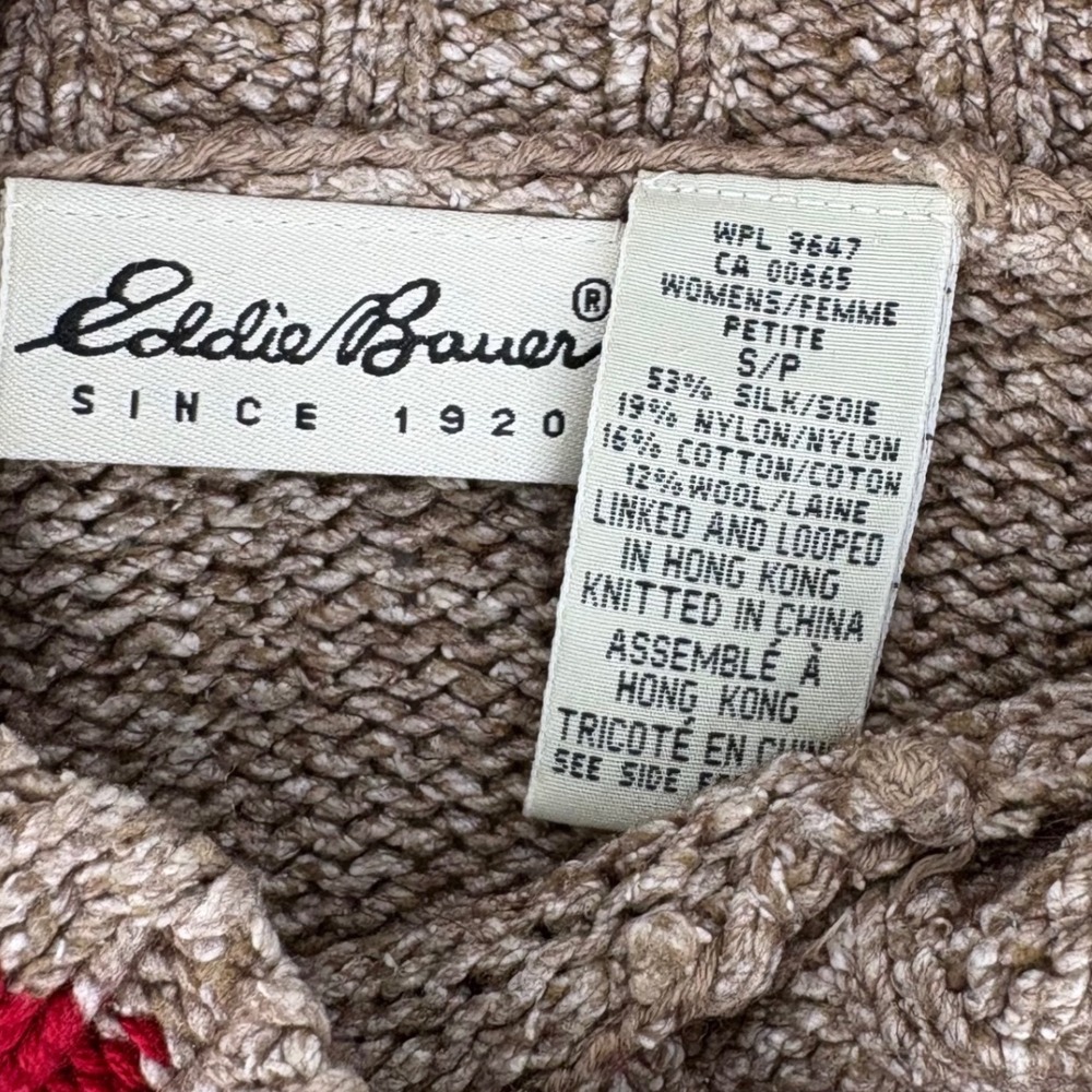 Eddie Bauer Fair Isle Sweater Womens Petite S Tan Silk Wool Reindeer Mock Neck - Picture 4 of 6